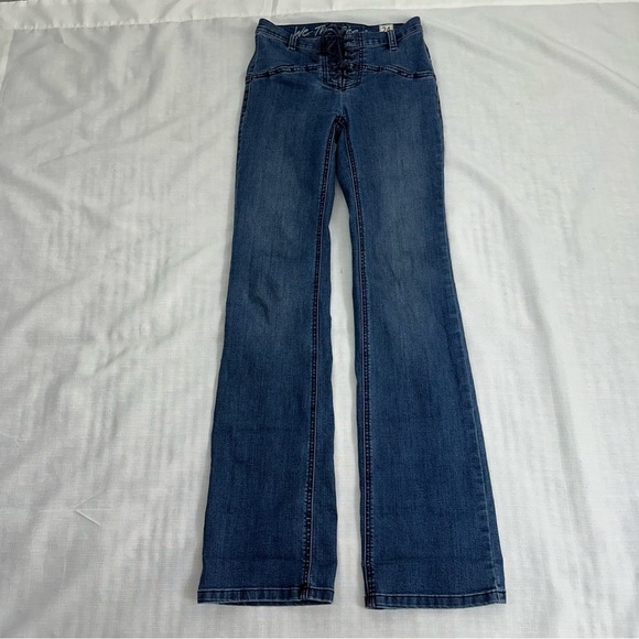 We The Free People Size 24 Mid Rise Lace Up Boot Cut Stretch Jeans READ - Picture 9 of 14